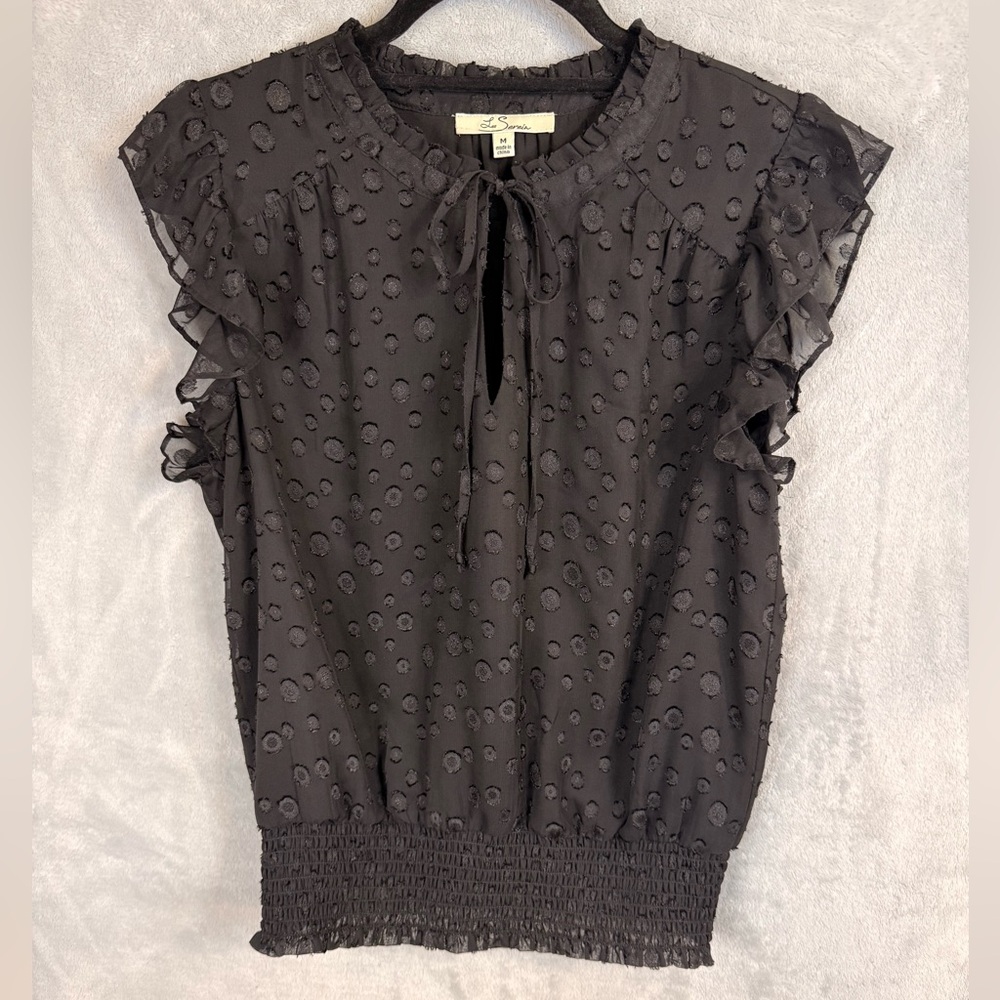 Tie-Neck Ruffle Swiss Dot Blouse - Black